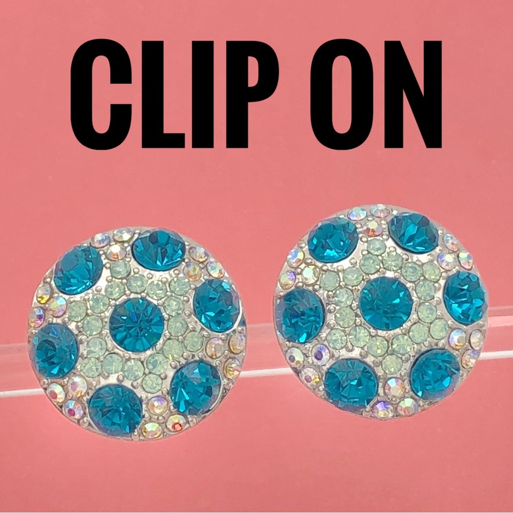 Aqua Blue Rhinestone Round Fancy Clip On Earrings